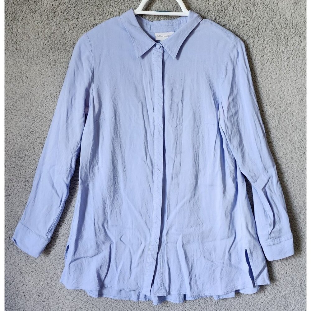 Soft Surroundings Women's Size M Long Sleeve Button Down Flowy Dress Shirt Blue
